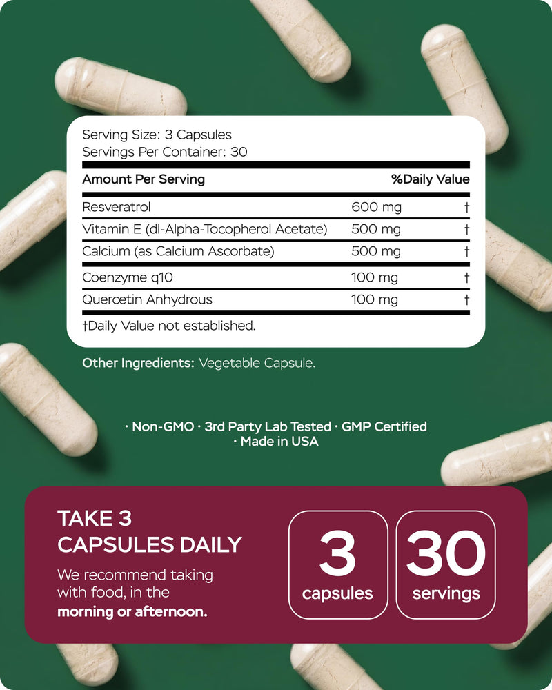 Resveratrol Supplement 1800mg Complex - COQ10, Quercetin, Vitamin E, Calcium Ascorbate - Powerful Antioxidant Formula for Enhanced Energy Heart Health & Healthy-Aging Support Trans Resveratrol 90 Caps 90 Count (Pack of 1)