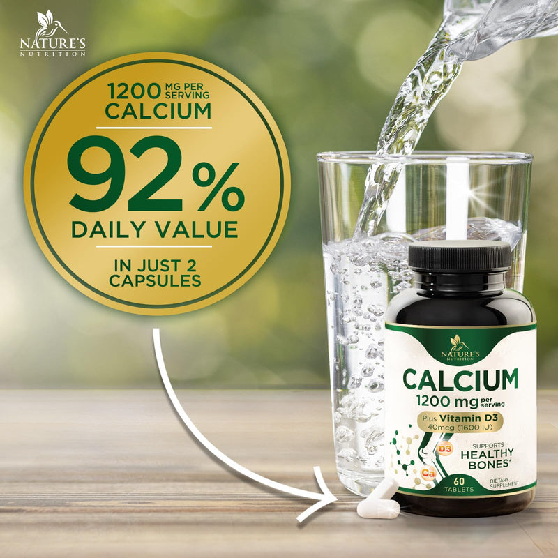 Calcium 1200 mg with Vitamin D3 - Bone Health Supplement, Vitamin D & Calcium Supplements for Women & Men - Bone Strength, Teeth & Immune Support, Nature's Calcium Pills, Bottled in USA - 60 Tablets 60 Count (Pack of 1)
