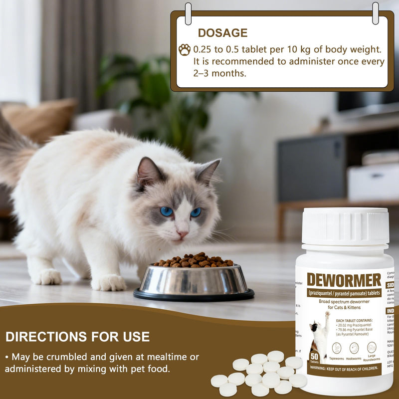 Broad-Spectrum Dewormer for Cats & Kittens, for Tapeworms, Hookworms & Roundworms, 50 Tablets