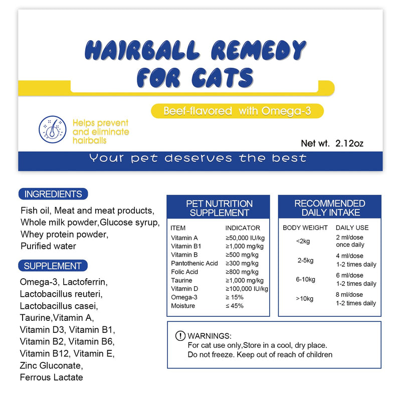 Hairball Treatment for Cats,Easy to Give Syringe Format Cat Hairball Remedy Gel-Digestive Aid and Hairball Relief Beef-Flavored 2.12oz (1 pcs) 1 pcs - BeesActive Australia