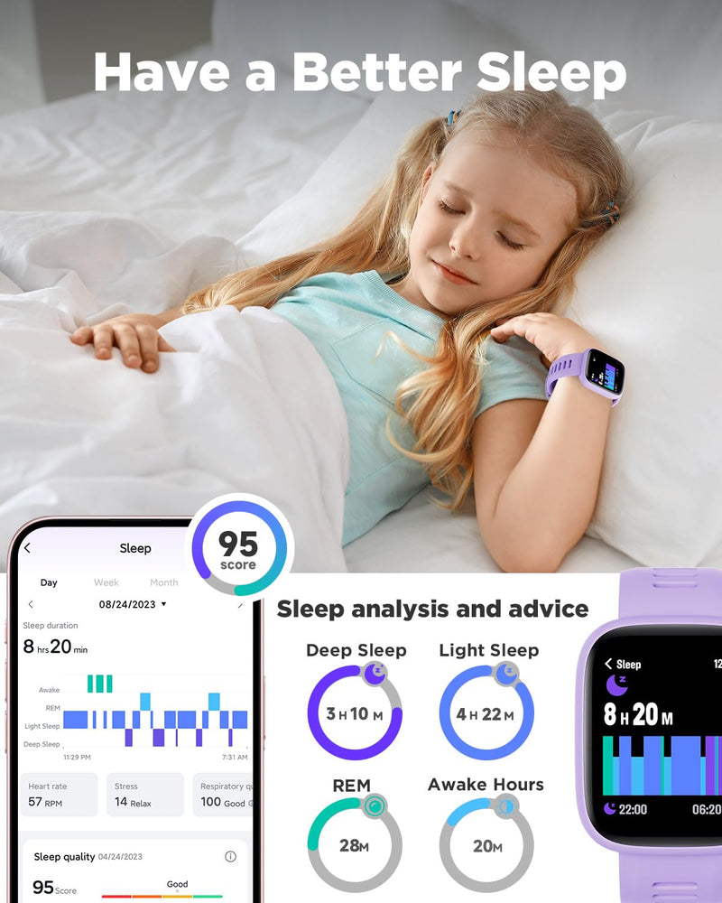 BIGGERFIVE Smart Watch for Kids, 1.8" Fitness Tracker Watch Pedometer, Heart Rate, IP68 Waterproof, Sleep Monitor, Calorie Step Counter, 5 Puzzle Games with/Without APP for Girls Teens 5-16 Lilac - BeesActive Australia