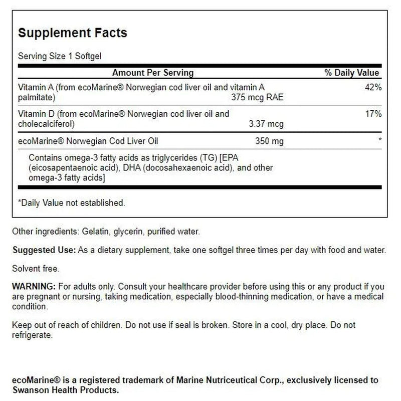 Swanson Cod Liver Oil 1250 Iu A/135 Iu D, 250 Softgels | Supports Cardiovascular Health and Healthy Blood Lipid Levels, Promotes Healthy Cognitive Function, Provides 135 IU Vitamin D 250 Count (Pack of 1)