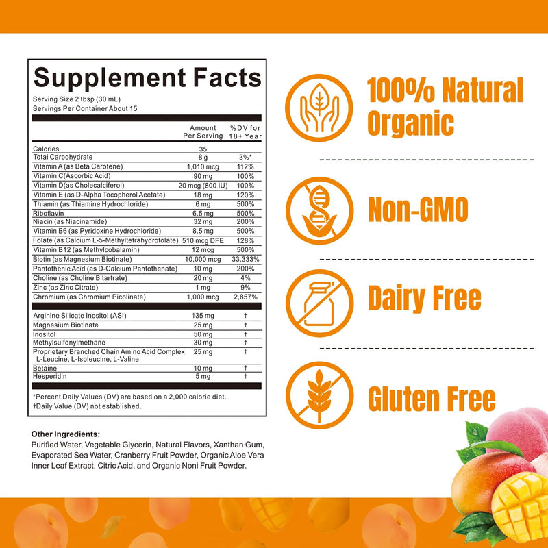 Liquid Multivitamin for Hair Growth | Biotin 10000mcg | Hair & Skin Support Supplement | Clinically Tested for Thicker Hair & Skin Elasticity | Suitable for Women & Men, Ages 18+ | 15.22 Fl Oz (1) 1