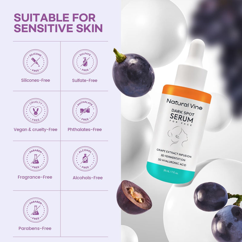 Natural Vine Dark Spot Remover for Face Serum: Age Spot Sun Spot Brown Spot with Grape Extract, Fermentation Complex, Hyaluronic Acid & Vitamin E, for Women and Men, 1 FL OZ / 30mL 1 Fl Oz (Pack of 1)