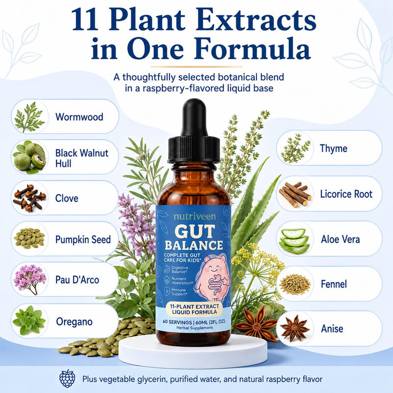 Gut Balance for Kids, 11-Plant Liquid, Raspberry, 60 Servings | Measured dropper, plant-based formula, no pills or capsules, simple daily use