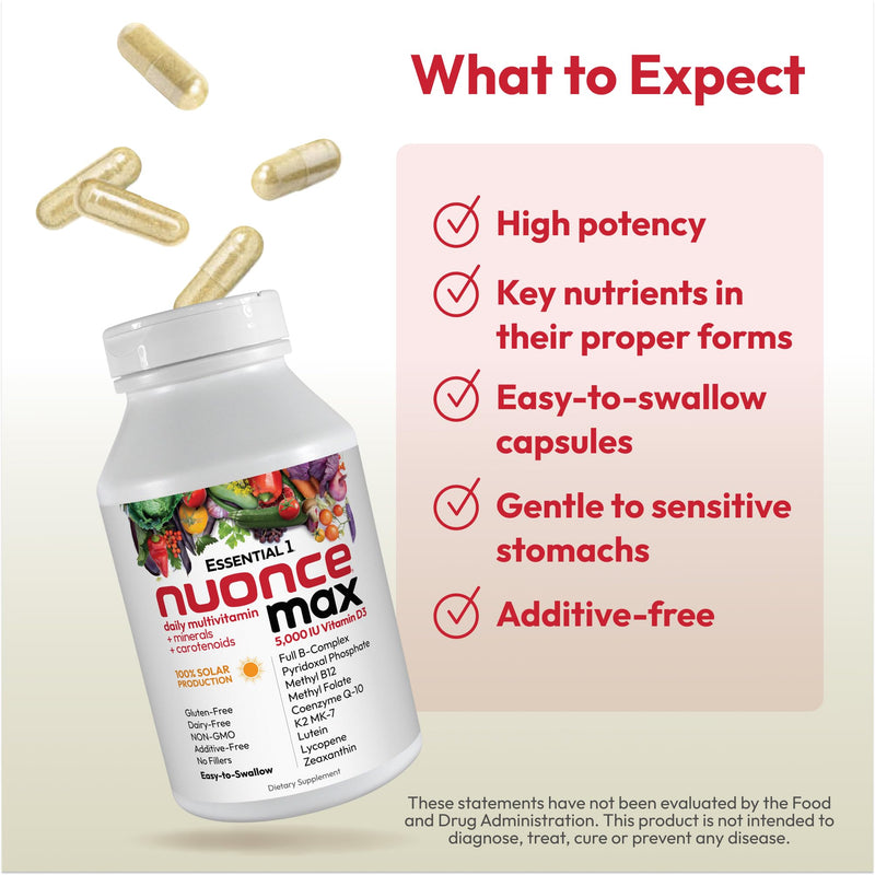 ANDREW LESSMAN Essential-1 nuonce max Multivitamin 5000 IU Vitamin D3 60 Small Capsules. 100 mcg Methyl B12. CoQ10 Lutein Lycopene Zeaxanthin. High Potency. No Additives. Ultra-Mild One Daily Capsule | Complete Daily Multivitamin & Mineral Formula with...