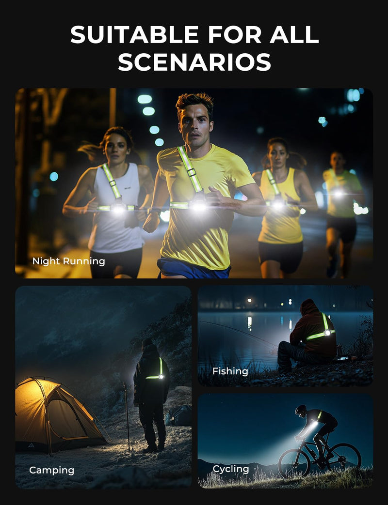 Running Lights for Runners with Reflective Straps, 500 LM 7 Modes & 45° Adjustable Running Light, IPX4 Waterproof Reflective Vest Safety Light for Night Walking Hiking Cycling, 3.5-20h Use Time 31.5 - 51.18"chest size