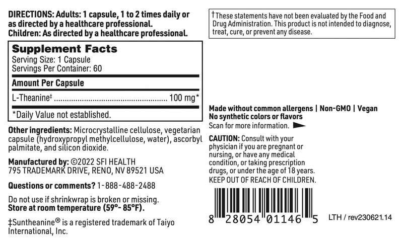 Klaire Labs SFI Health L-Theanine, 60 Capsules | 100mg Suntheanine to Promote Promote Relaxation