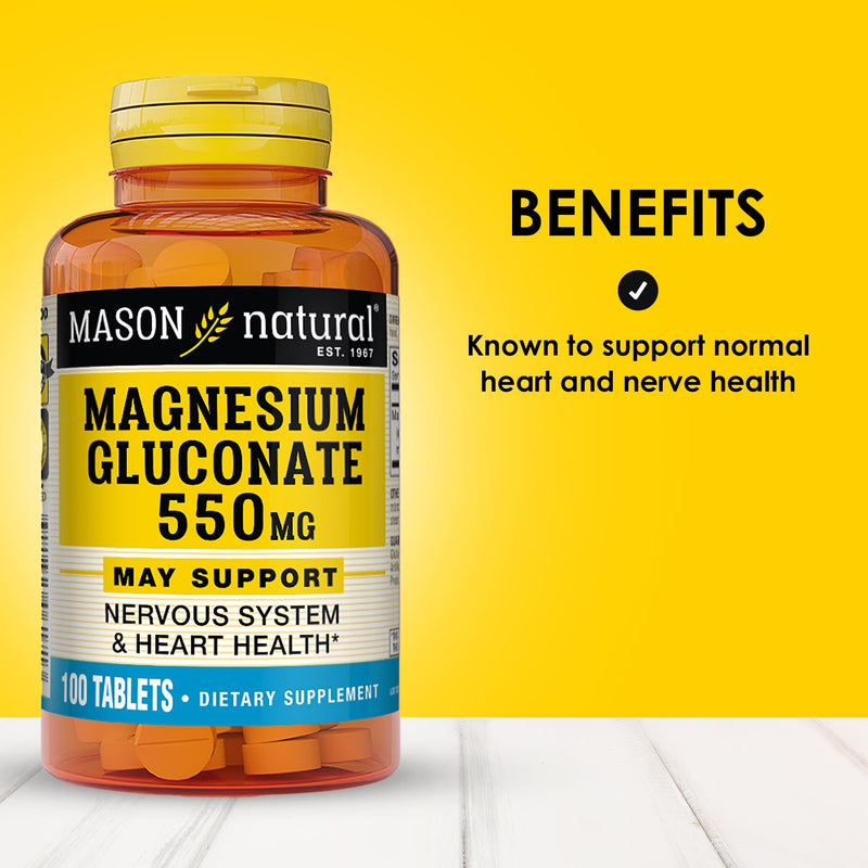 Mason Natural Magnesium Gluconate 550 mg, Heart Support, 300 Day Supply | Fast-absorbing magnesium gluconate electrolyte, 30mg elemental, to support normal heart & nervous system functions 100 Count (Pack of 3)