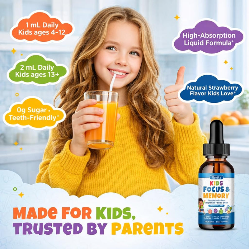 Kids Focus and Attention Supplements with Phosphatidylserine, L-Theanine, Omega-3 & Magnesium Glycinate - Kids Brain Vitamins Liquid Drops - Supports Concentration, Memory, Sleep & Mood, Strawberry 2 Fl Oz (Pack of 1)