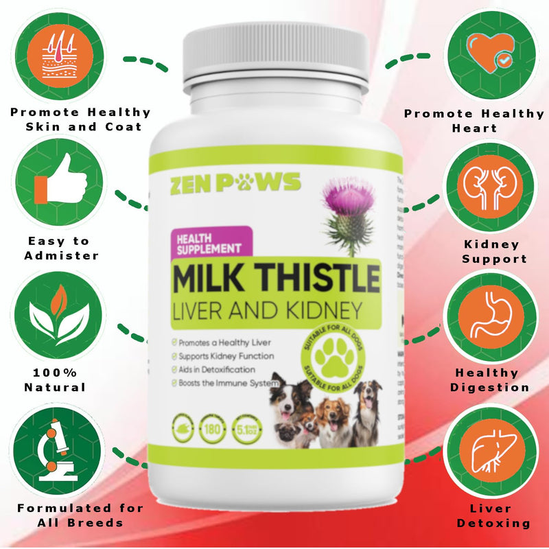 Zenpaws Milk Thistle for Dogs - 180 Chewable Tablets - Canine Liver and Kidney Support Supplement for Dogs - Detox for Dogs - Liver Supplement for Dogs, 800 mg - PawsPlanet Australia