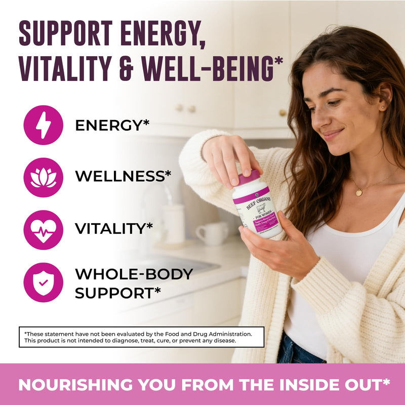 Beef Organ Supplement for Women, 60 Capsules | Beef Liver, Kidney, Heart and Uterus Tissue - Supports Women's Energy & Health - Grass Fed, Pasture Raised, 3rd Party Tested 60 Count (Pack of 1)