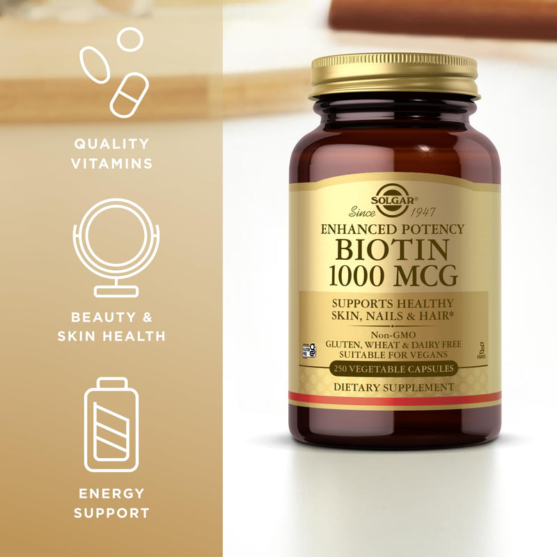Solgar Enhanced Potency Biotin for Hair, Skin & Nails - 1,000 MCG (250 Vegetable Capsules) 1 Count (Pack of 1)