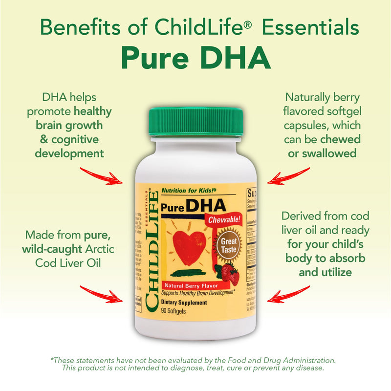 CHILDLIFE ESSENTIALS Pure DHA for Kids, Berry, 90 Softgels (Pack of 2) | Omega 3 Fish Oil Supplement, Children, Babies, Toddlers, Pure DHA Softgel Chewables, Gluten Free, Natural Berry Flavor Strawberry 90 Count (Pack of 2)