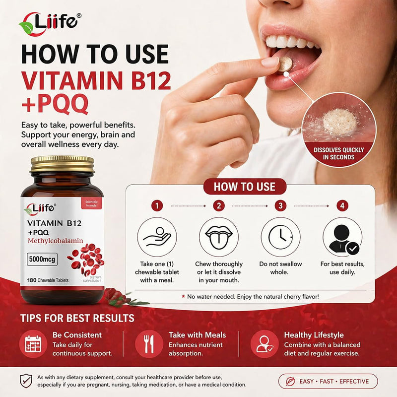 LIIFE Methylcobalamin (PQQ + Active B12) 5000 mcg |360 Cherry Tablets | 6-in-1 advanced formula, supports brain & nerve health, boosts antioxidant power and supports healthy mitochondrial function 180 Count (Pack of 2)