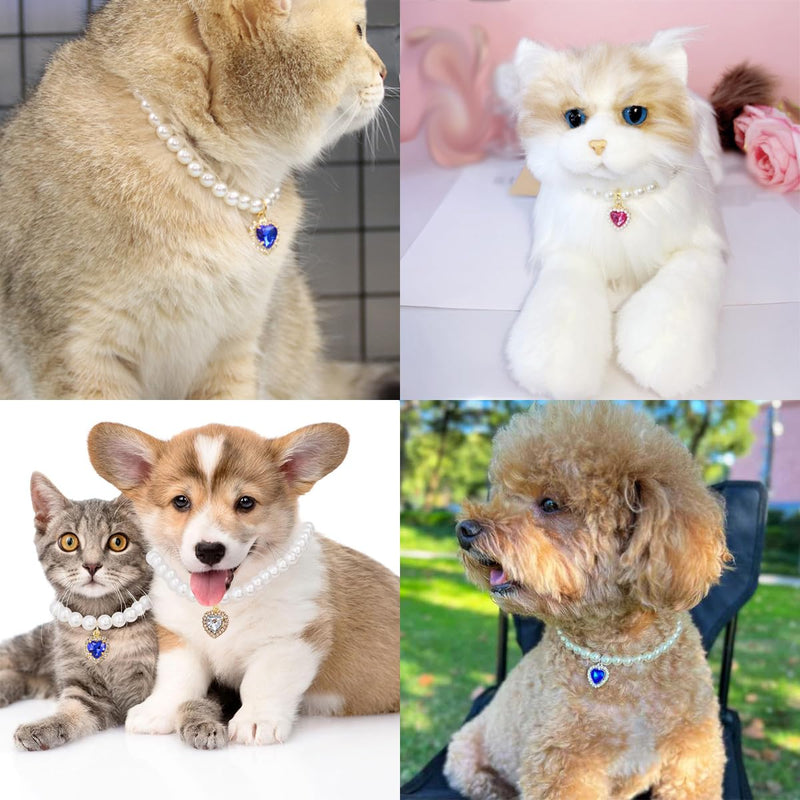 4 PCS Cat Dog Pearl Collar Pearl Necklace Collar Small Heart Shape Rhinestone Pet Necklace Rhinestones Heart Charm Collar Bling Rhinestones Cat Wedding Collar Pearl Cat Necklace for Cats Puppy - BeesActive Australia