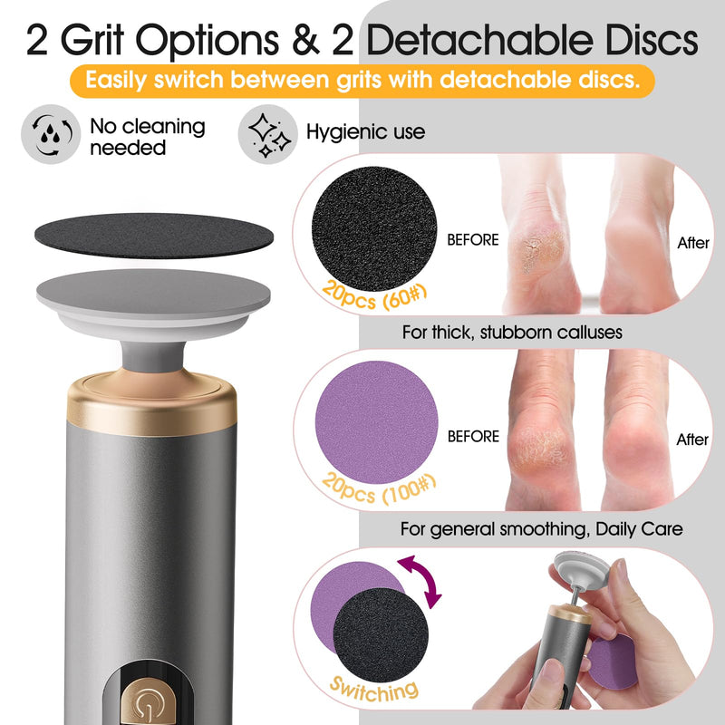 Electric Foot Callus Remover Rechargeable for Dry Foot Skin, Electric Foot Filer with Powerful Motor for Dead Skin & Cracked Heel,Foot Callus Shaver with 2 Detachable Discs & 40 Sanding Papers Grey - BeesActive Australia