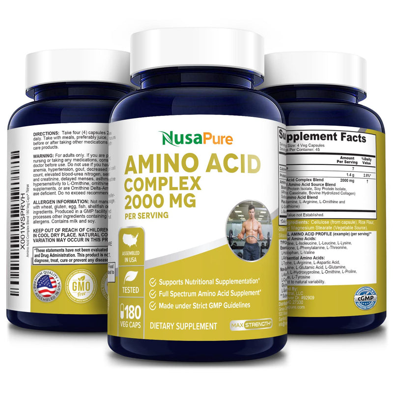 Amino Acid Complex Blend, Non - GMO, 2000mg, 180 Caps - 45 Servings | Dietary Supplement Formula, Gluten Free, Suitable for Adults, Manufactured in cGMP Facility USA