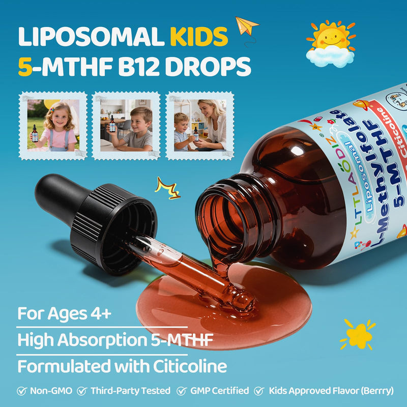 Folinic Acid Drops Kids 4+, L-Methylfolate Supplement, 5-MTHF, Brain, Focus | Liposomal Kids L-Methylfolate W/Citicoline & Methyl B12, Energy, Clarity & Cognitive Development, Sugar-Free – 2 fl oz