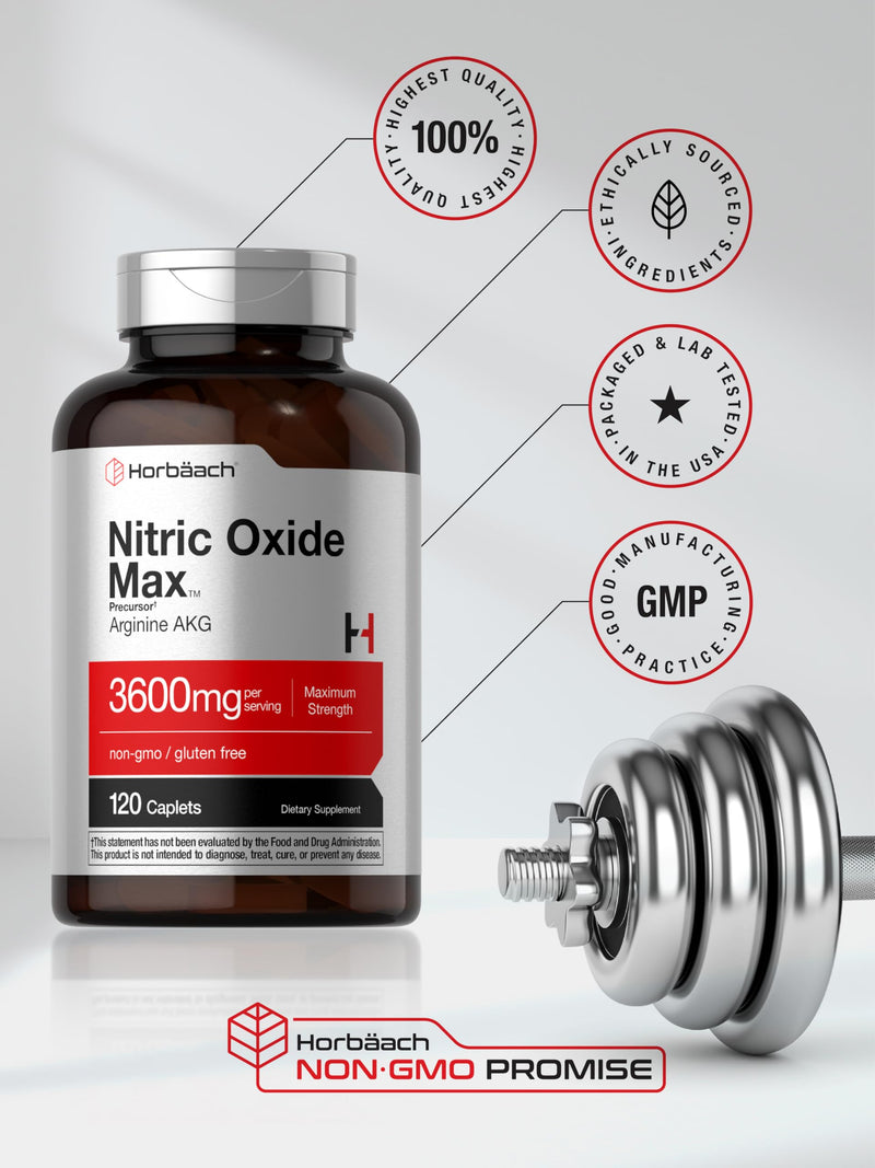Horb√§ach Nitric Oxide Max 3600mg | 120 Caplets | with Arginine AAKG for Men and Women | Vegetarian, Non-GMO, & Gluten Free Pre Workout Supplement
