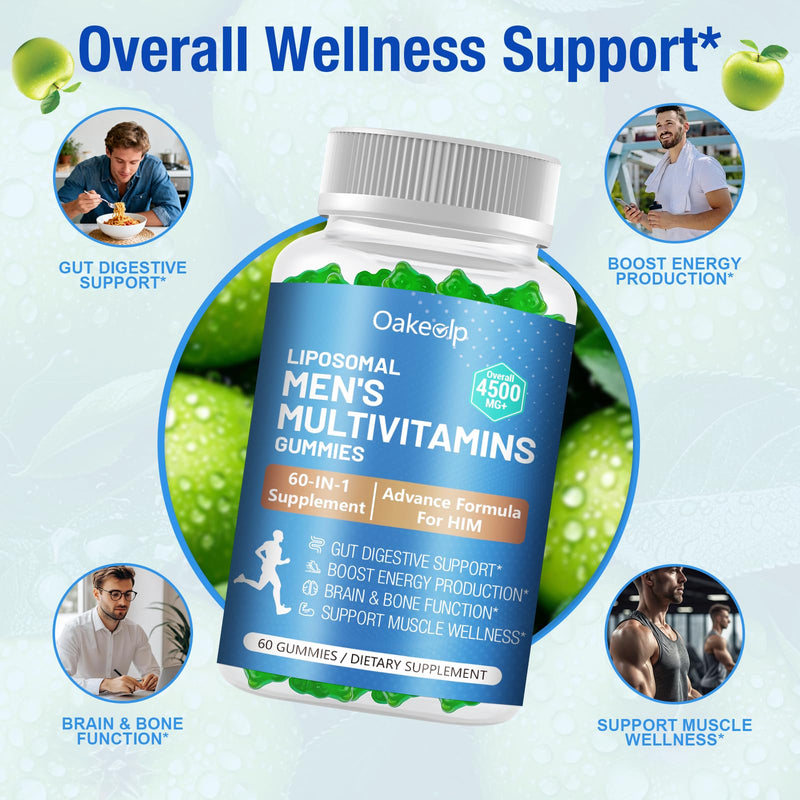 2 Pack 60-IN-1 Liposomal Methylated Multivitamin Gummy for Men Overall 4500MG+,Vitamin A C D3 K E B Complex ,Probiotics,Omega 3,CoQ10,Zinc,120+ Nutrients,for Immune,Heart and Digestive Wellness 60 Count (Pack of 2)