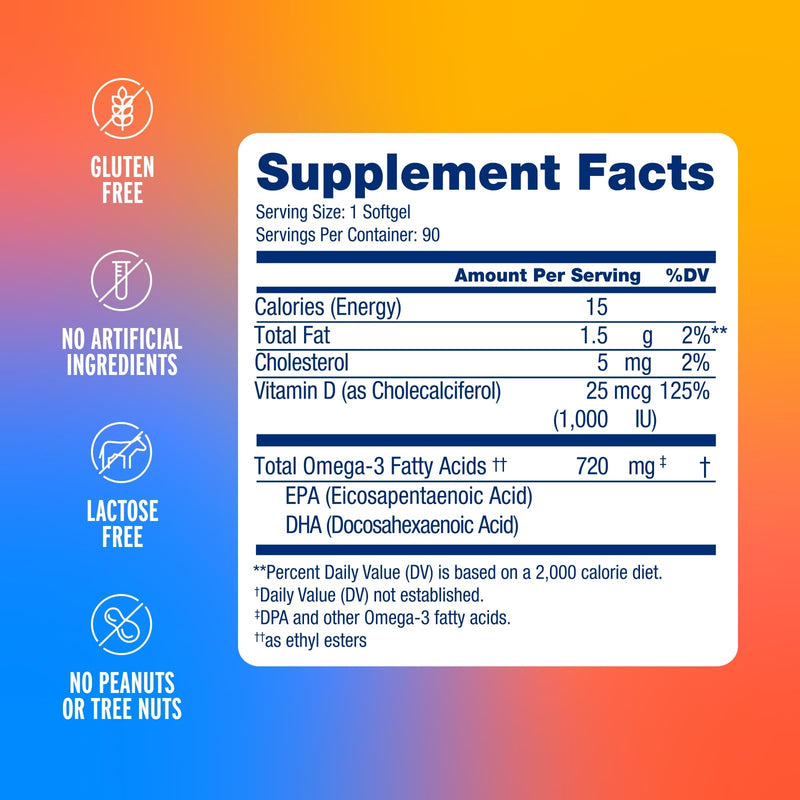 Oceanblue Essentials Everyday Omega-3 with Vitamin D3 - Burpless Fish Oil for Heart & Immune Support - EPA & DHA - Non-GMO - Orange Flavor - 90 Count (3 Month Supply) 90 Count (Pack of 1)