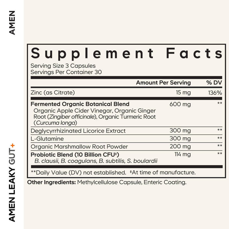 Amen Leaky Gut, L-Glutamine, DGL Licorice, Probiotics, Zinc, 2-Pack | Amen Leaky Gut capsules with L-glutamine, zinc, 10 billion CFU probiotics and fermented blend. Vegan, non-GMO. 90 Count (Pack of 2)