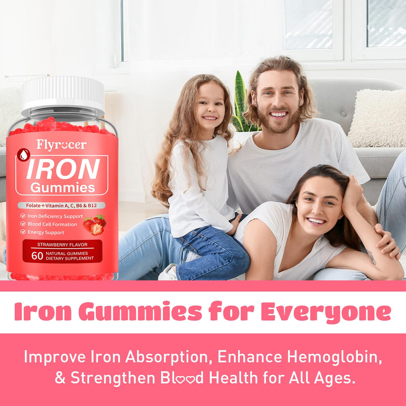 2 Pack Iron Gummies for Men and Women, Energize, Combat Fatigue, Support Anemia Recovery. Packed with Iron, Folate, Vitamin C, in Vegan Strawberry Flavor, 120 Gummies 60 Count (Pack of 2)