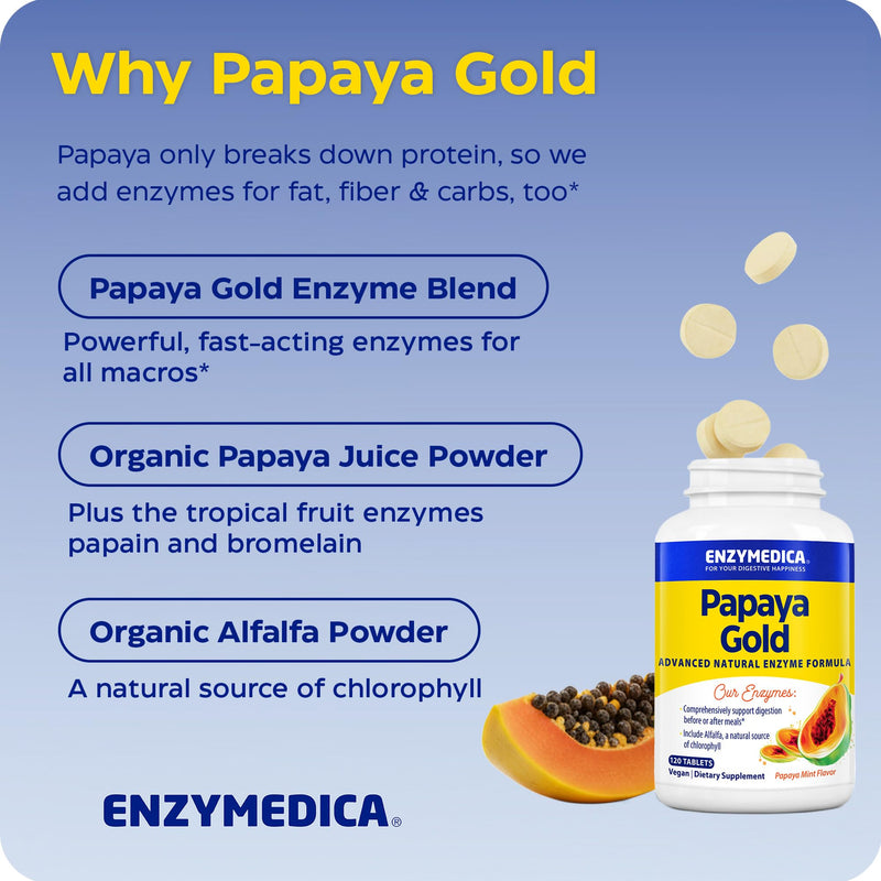 Enzymedica Papaya Gold - Papaya Enzymes Chewable - 120 Tablets | Digestive Enzyme Supplement for Women and Men, Digestion & Gut Health Support, High Potency Bromelain & Papain, Vegan 120 Count (Pack of 1)