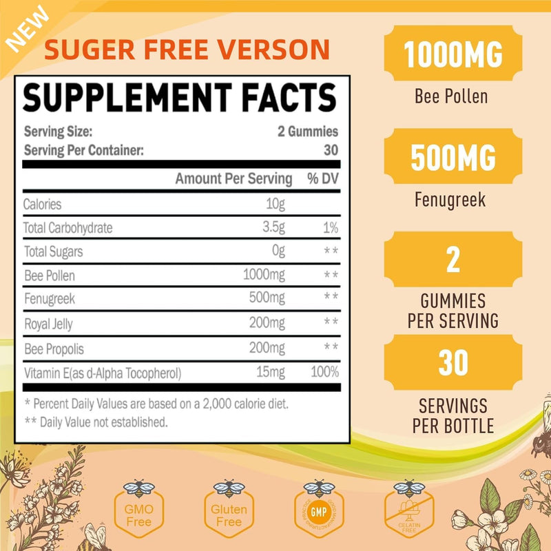 Bee Pollen 1000mg Sugar Free Gummies, w/Fenugreek, Royal Jelly, Propolis, Organic Bee Pollen Chewable Supplement for Women, Rich in Vitamin E, Immunity & Skin Care, 60 Counts 60 Count (Pack of 1) - BeesActive Australia