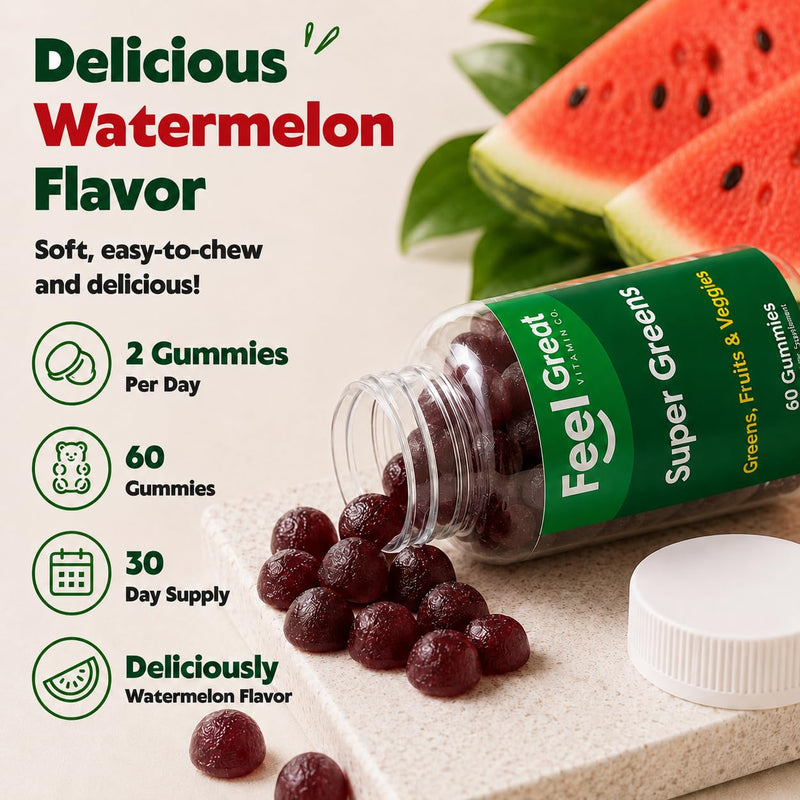 Feel Great Super Greens Gummies for Adults, Spirulina & Spinach Blend, 60ct | Spirulina, Chlorella, Spinach, Kale & Elderberry Blend, Watermelon Flavor, Immune Support for Adults