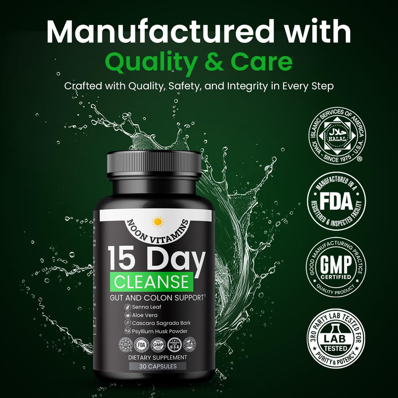 15-Day Colon Cleanse & Gut Detox – Natural Probiotic Cleanser with Senna Leaf, Psyllium & Aloe – Halal for Men & Women – Supports Digestive Health, Regularity & Bloating Relief – 30 Capsules