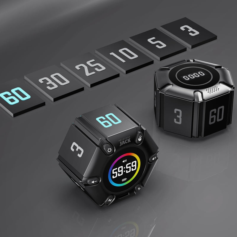 Jack Pomodoro Timer - Productivity Cube, Visual Focus Timer, Mute & Vibration & Adjustable Sound Alert, for Office, ADHD, Study, Work, 3/5/10/25/30/60min & Custom Countdown - Black Real Black - BeesActive Australia