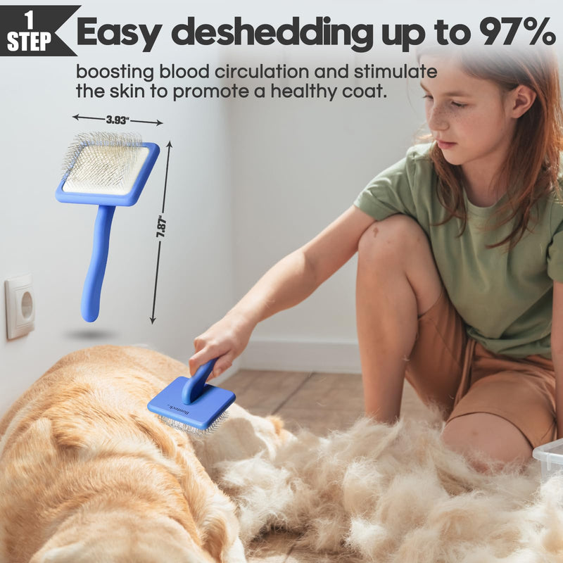 Dog slicker Brush for Dogs Grooming Kit 4PCS | Large Dog Brush for Goldendoodles Poodles Doodles | Long Pin Haired Brush | Dog Bath Brushes Flea Comb(Blue) Blue - BeesActive Australia