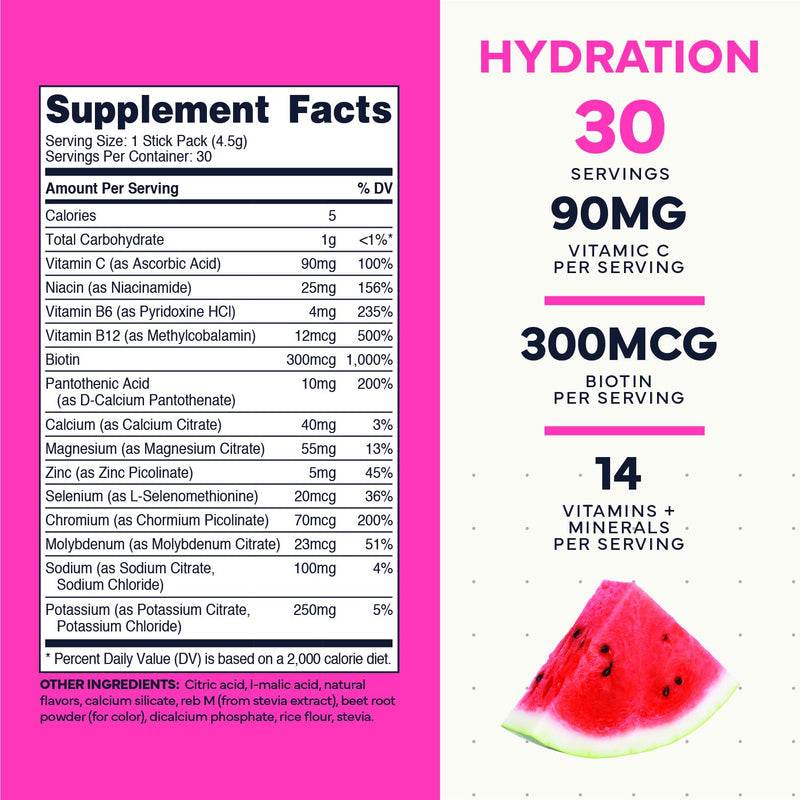 Type Zero Sugar Free Electrolyte Packets (Watermelon) 30 Stick Packs | Clean Hydration Powder Stick Packs with 14 Vitamins and Minerals
