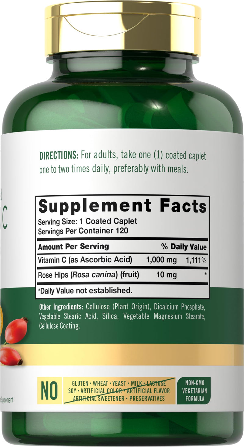 Carlyle Vitamin C 1000mg | Timed Release | 120 Vegetarian Caplets | with Rose Hips | Non-GMO & Gluten Free Supplement