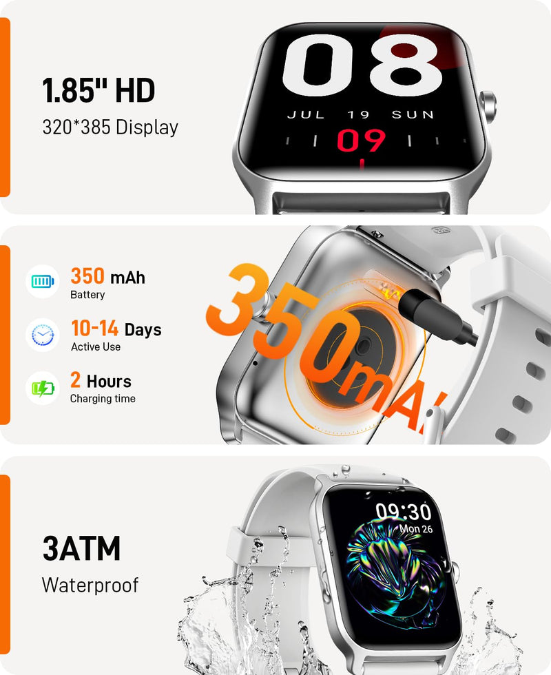 Smart Watches for Women Men, 2026 Smartwatch 1.85''Alexa Fitness Tracker Smart Watch Compatible for Android iPhone with Bluetooth Call (Answer/Make), 3ATM Waterproof Heart Rate/Sleep/SpO2 Monitor 120+ White - BeesActive Australia