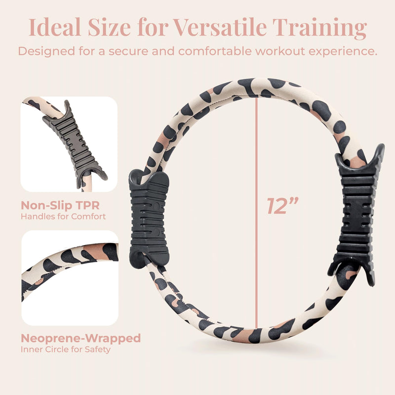 Pilates Ring Magic Circle for Women, 12” with Dual Grip Handles and Exercise Guide, Pilates Equipment for Home or Gym Workout, Fitness Tool, Leopard Print