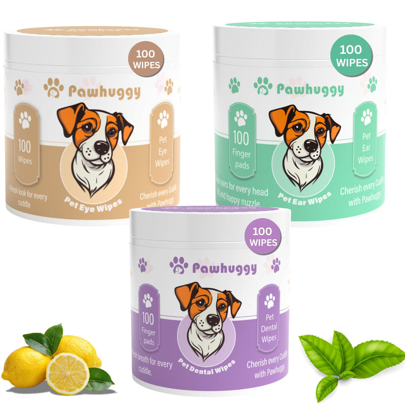 Pet Dental, Ear & Eye Cleaning Wipes for Dogs & Cats – 300 Total Finger Wipes (100 Dental + 100 Ear + 100 Eye) – Teeth Cleaning Toothpaste Alternative, Tear Stain Remover & Gentle Ear Cleaner