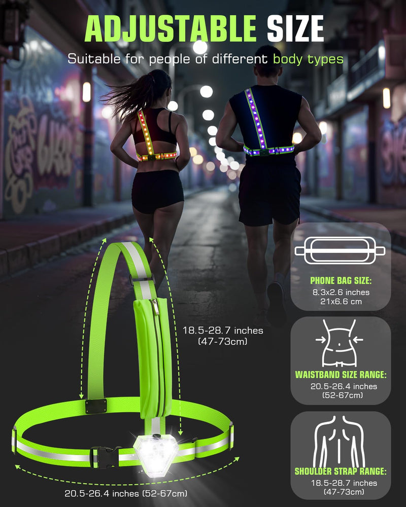 Zacro Reflective Running Vest with 9 RGB Modes, 500LM High Visibility Chest Light for Runners, Rechargeable Light Up Running Gear for Night Safety Cycling Hiking Dog Walking Adjustable for Men Women with Phone Bag - BeesActive Australia