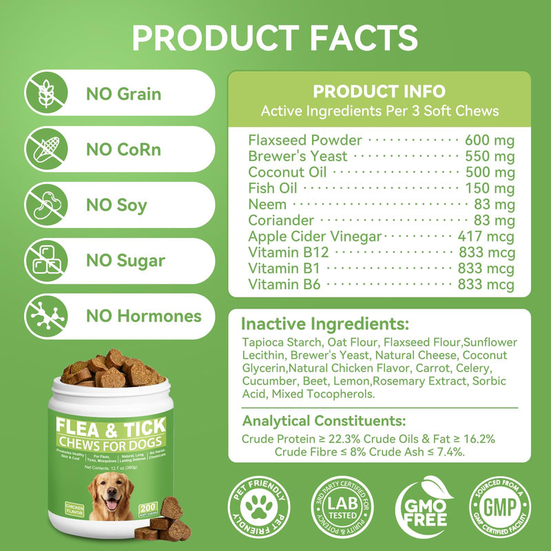 Dog Flea and Tick Chewables for Dogs 200Ct, Natural Support Supplement, Flea Supplement for Dogs, Flea and Tick Chews for Dogs Puppies, All Breeds & Sizes, Digestive Health Chicken Flavor