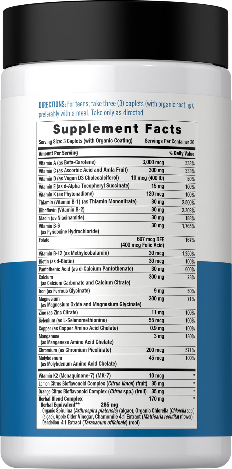 Carlyle Teen Multivitamin for Boys | 60 Caplets | Once Daily | Easy to Digest with Probiotics & Enzymes | with Iron | Non-GMO, Gluten Free