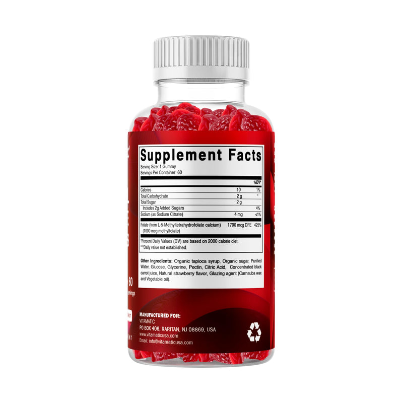 Vitamatic Methylfolate Gummies 1000 mcg – Active 5-MTHF Form – Natural Strawberry Flavor – Vegan, Non-GMO, Gluten Free – 60 Gummies