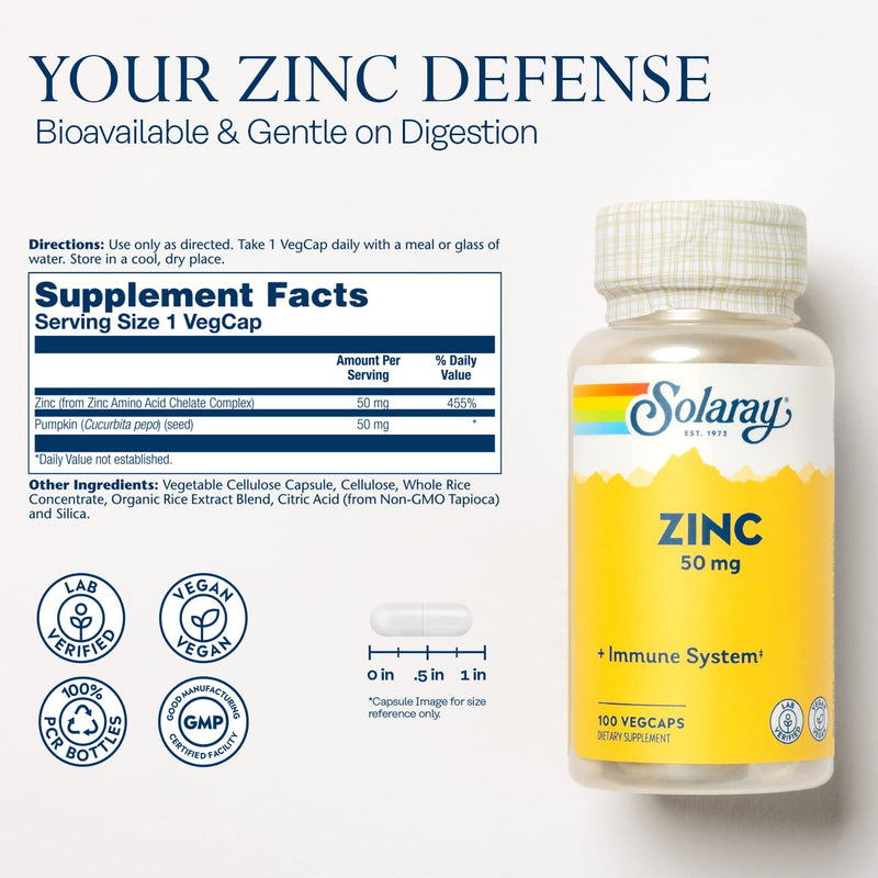 Solaray Zinc 50mg Immune Support Capsules, 100 Count, Vegan, Pumpkin Seed 100 Count (Pack of 1)