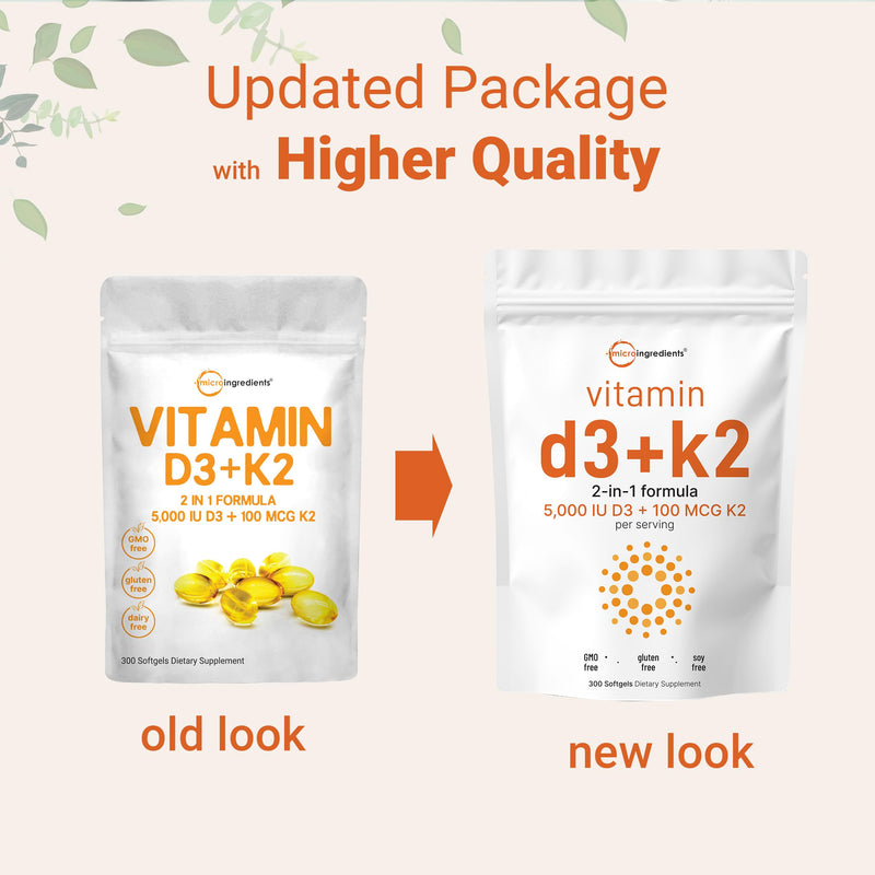 Micro Ingredients Vitamin D3 5000 IU with K2 100 mcg, 300 Soft-Gels | K2 MK-7 with D3 Vitamin Supplement, 2 in 1 Support Immune, Heart, Joint, Teeth & Bone Health - Easy to Swallow 5,000 IU Sunflower Softgels 300 Count (Pack of 1) - BeesActive Australia
