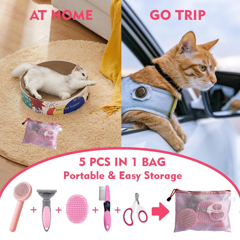 Cat Brush Shedding Kit 5pcs - Cat Brush for Shedding for Long Haired Cats, Cat Brushes for indoor Cats, Dog Brush Kit for Small Dogs, Cat Brush for Matted Fur Hair with Flea Comb Set Pink - BeesActive Australia