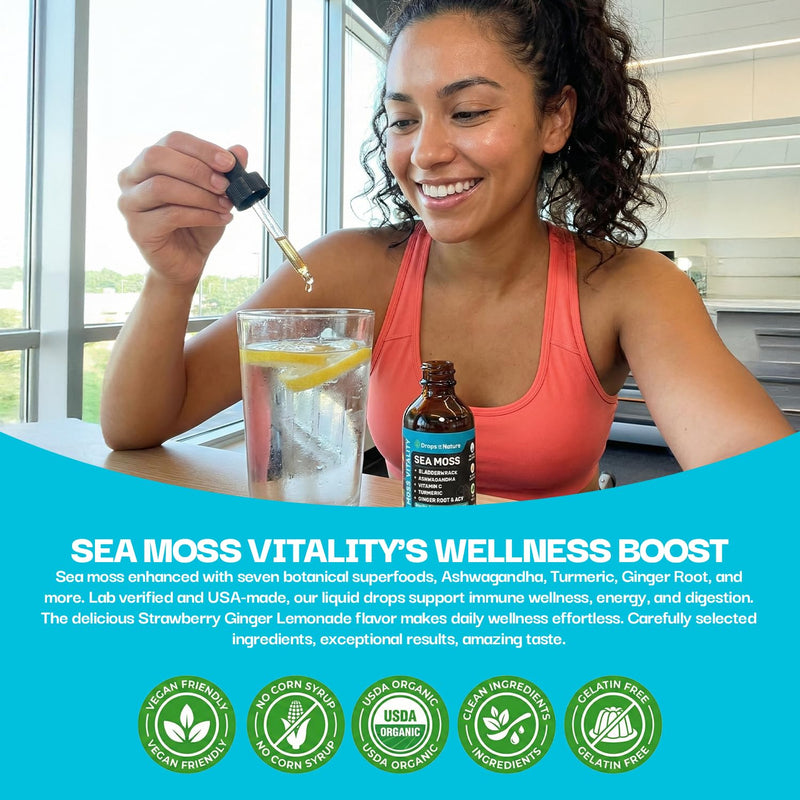 Drops Of Nature Sea Moss Vitality Drops - Strawberry Ginger Lemonade, 60 mL | 7-in-1 Vitality Blend with Seamoss, Ashwagandha, Vitamin C, Tumeric, Apple Cider Vinegar, Ginger & Bladderwrack, Vegan Drops