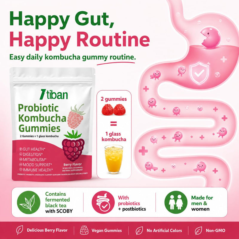 Probiotic Kombucha Gummy - Prebiotics, Probiotics, Postbiotics, Fiber Supplement, Slippery Elm for Bloating, Gut Health, Women and Men, 60ct