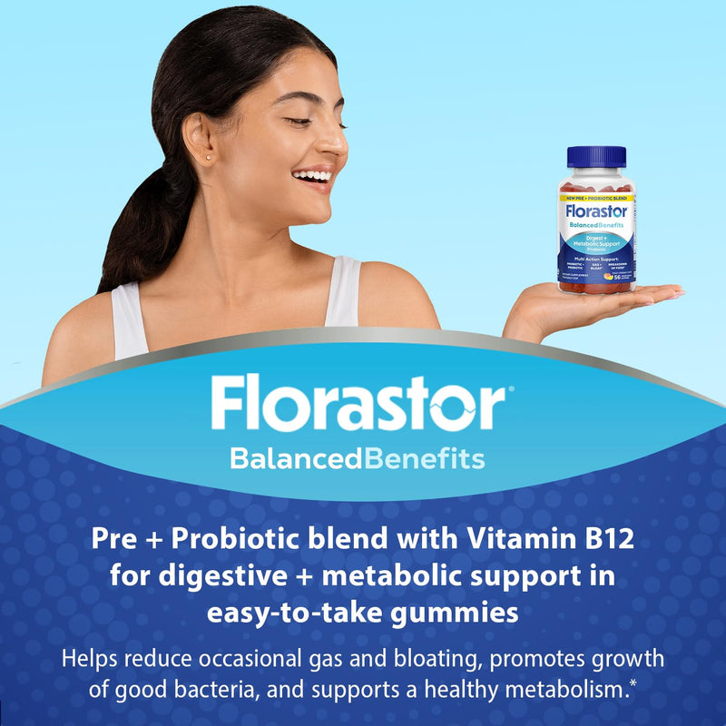 Florastor Prebiotic and Probiotic Gummies with Vitamin B12, 56 Gummies | Digestive and Metabolic Support Blend for Multi-Action Care, Probiotic Gummies for Women and Men 56 Count (Pack of 1)