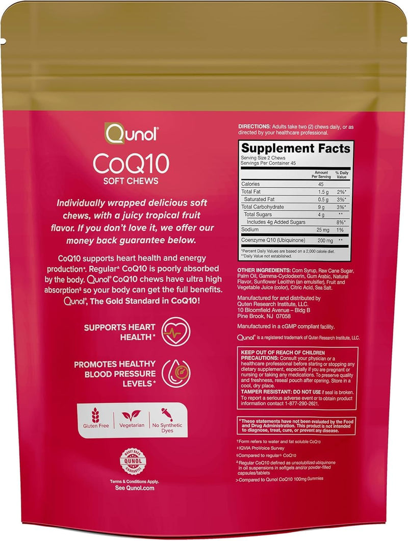 Qunol CoQ10 200mg Soft Chews, Extra Strength, Ultra High Absorption, 90ct | #1 Cardiologist Recommended Supplement for Heart Health, Coenzyme Q10 Supplement to support Vascular Health & Cellular Energy 90 Count (Pack of 1)
